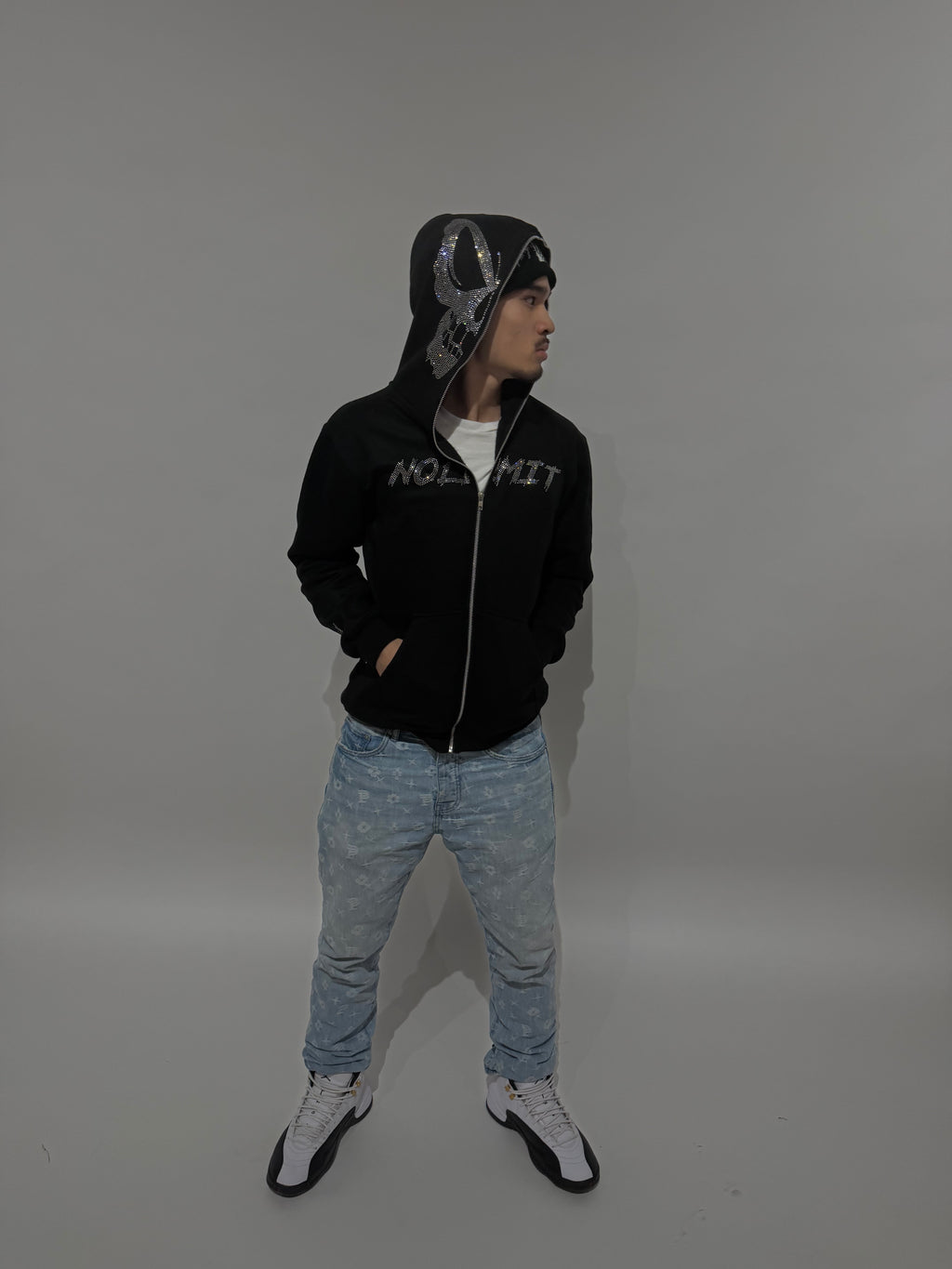 Black "NOLIMIT" Rhinestone Skeleton Butterfly Full-Zip